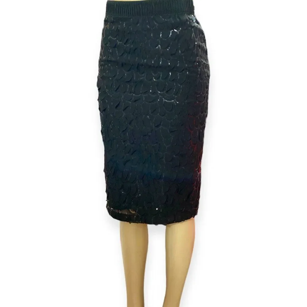 Black Sequins Scallop Detailed Formal Pencil Knee Length Skirt NEW